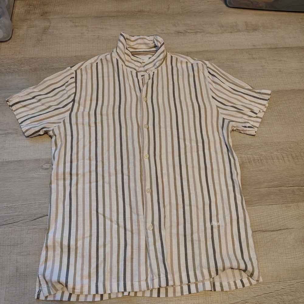 Porter & Ash Mens Large Linen Blend Short Sleeve Striped Button Down Shirt Beige